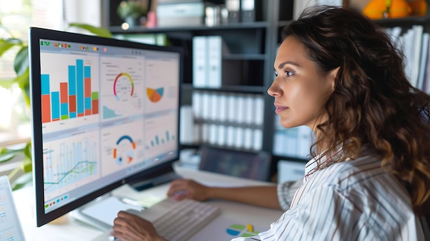 Une femme d'affaires réfléchie analysant des graphiques et des diagrammes sur l'ordinateur tout en travaillant tard au bureau