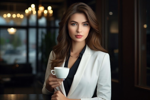 Une femme d'affaires réfléchie debout avec une tasse de café.