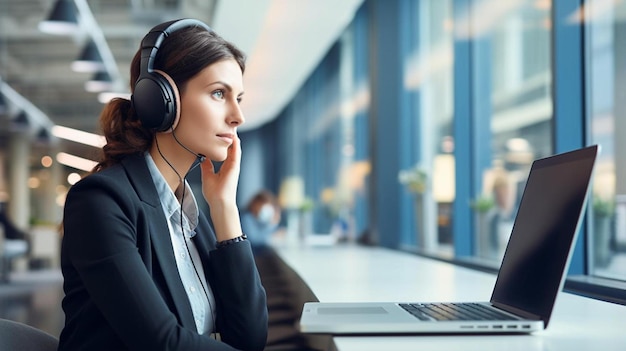 une femme d'affaires réfléchie portant des écouteurs sans fil assise au bureau