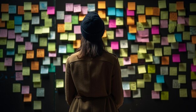 Une femme d'affaires réfléchit à des idées de post-it debout près de la fenêtre la nuit générées par l'IA