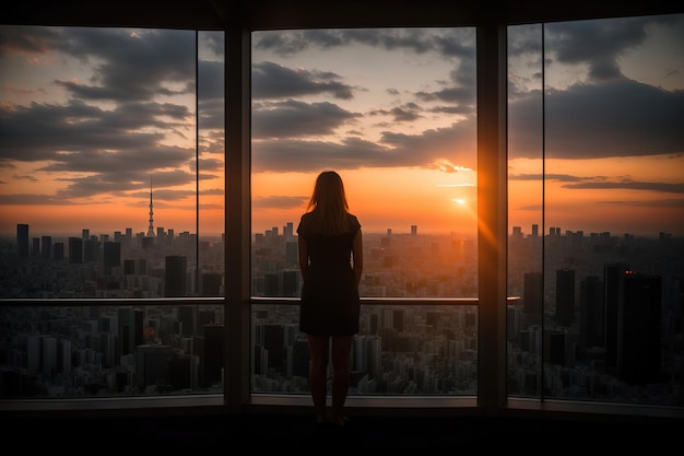 Une femme d'affaires regardant la ville depuis la fenêtre d'un gratte-ciel au coucher du soleil AI générative
