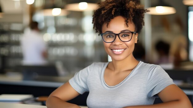 Photo une femme d'affaires regarde la caméra et sourit portrait d'une belle femme noire portant des lunettes une secrétaire aux cheveux élégants