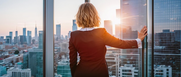 La femme d'affaires regarde la ville des gratte-ciel de la vue de bureau du dos