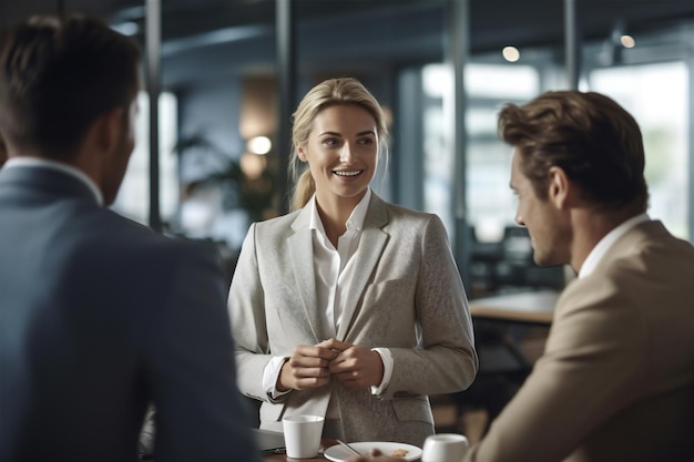 femme affaires, réunion, équipe, bureau, discussion, jeune, conversation, groupe affaires, professionnel, générative, AI