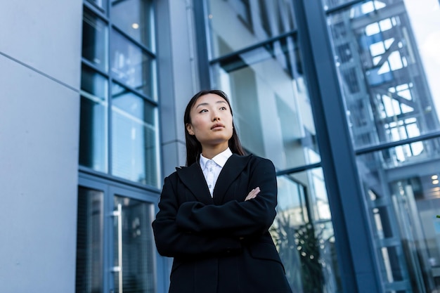 Femme d'affaires réussie pensive et sérieuse avec les bras croisés, à l'extérieur du bureau, femme asiatique regardant la caméra