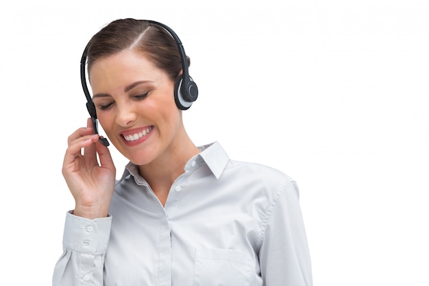 Femme d&#39;affaires en riant avec casque