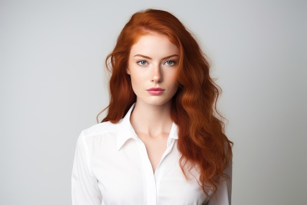 Femme d'affaires rousse sur fond blanc