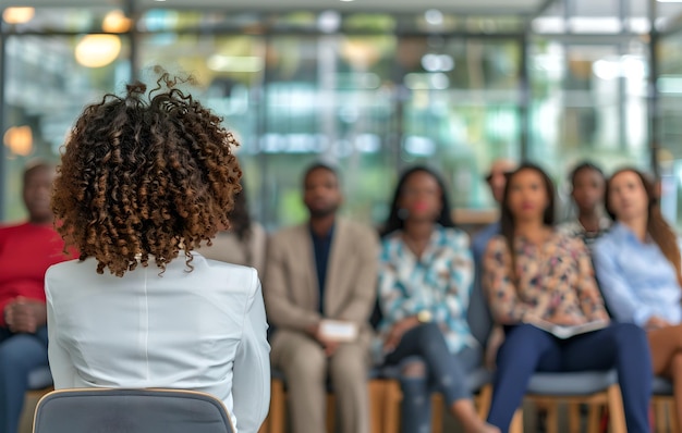 Une femme d'affaires s'adressant à ses collègues dans un séminaire de bureau Audience engagée Écoutant attentivement Évènement de développement professionnel Arrière-plan flou pour mettre l'accent sur l'intelligence artificielle de l'orateur