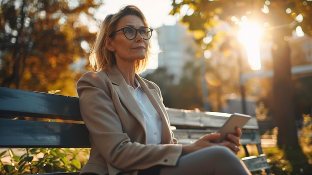 Une femme d'affaires se détend sur un banc de parc au coucher du soleil.