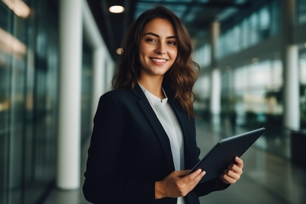 Une femme d'affaires se tient à l'intérieur d'un immeuble de bureaux tenant une bannière web souriante.