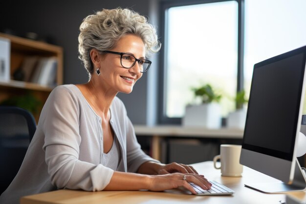 Femme d'affaires senior travaillant sur un ordinateur AI générative