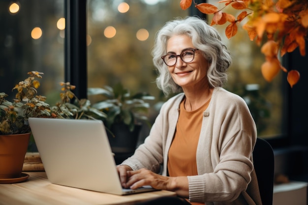 Femme d'affaires senior travaillant sur un ordinateur portable Generative AI