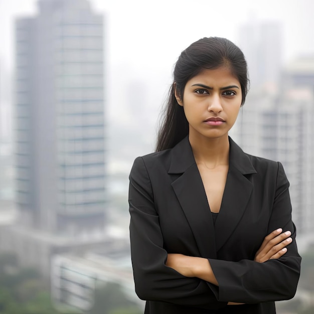 Femme d'affaires sérieuse avec les bras croisés regardant la caméra avec le fond de la ville