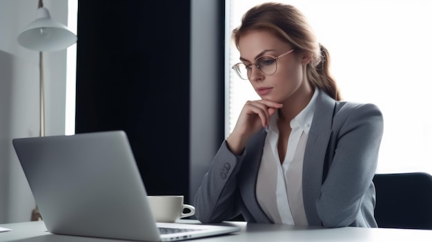 Femme d'affaires sérieuse regardant la scène du bureau de l'ordinateur portable Generative AI AIG20