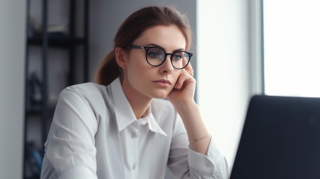 Femme d'affaires sérieuse regardant la scène du bureau de l'ordinateur portable Generative AI AIG20