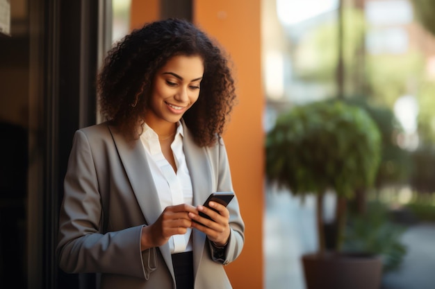 Une femme d'affaires souriant pendant qu'elle envoie des textos sur son smartphone