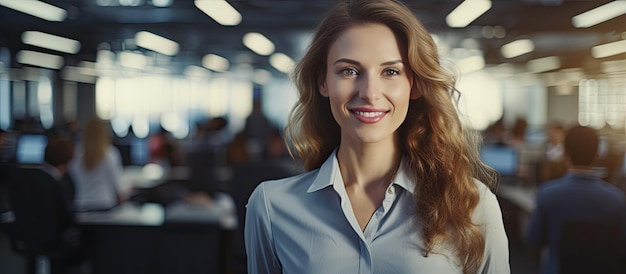 Femme d'affaires souriante au bureau moderne