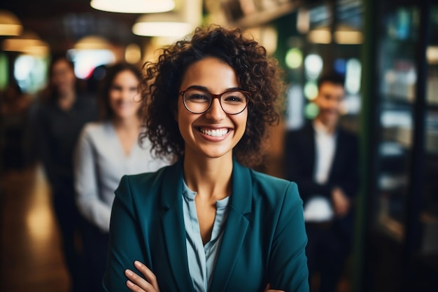 Femme d'affaires souriante avec des collègues au bureau de l'IA générative