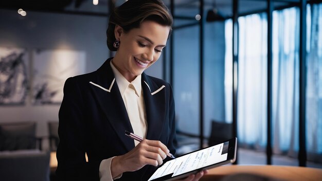 Une femme d'affaires souriante et confiante écrivant des notes.