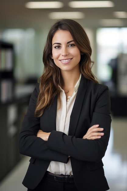 Une femme d'affaires souriante debout devant une caméra avec les bras croisés dans un bureau moderne