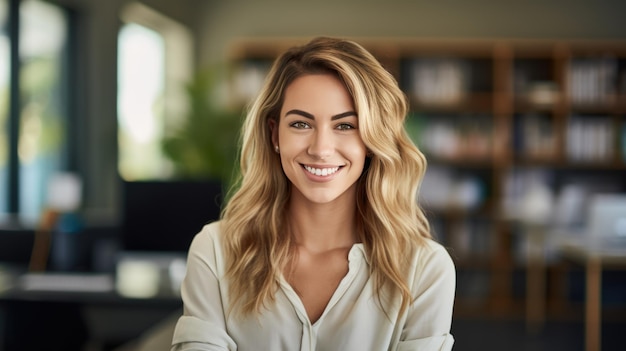 Femme d'affaires souriante, debout sur fond de bureau