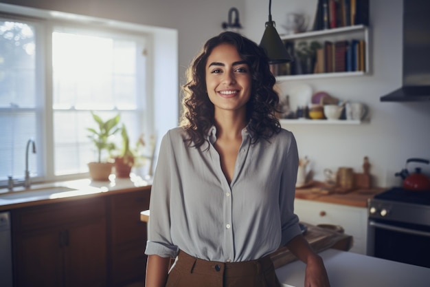 Femme d'affaires souriante et diversifiée chez elle