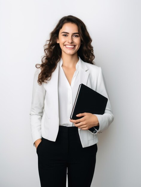 femme d'affaires souriante fond blanc