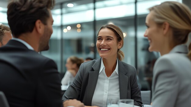 Photo une femme d'affaires souriante et heureuse salue et parle à ses collègues de travail lors d'une réunion d'affaires