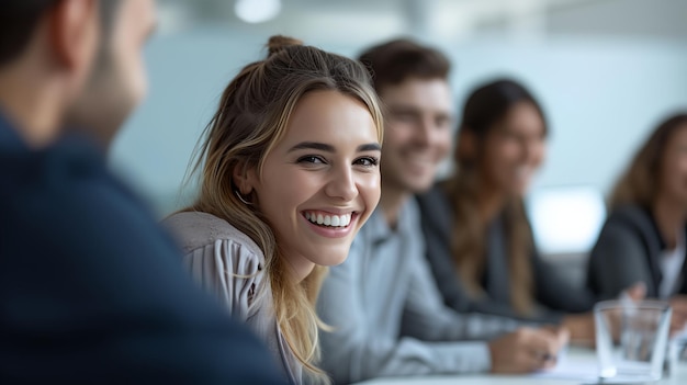 Photo une femme d'affaires souriante et heureuse salue et parle à ses collègues de travail lors d'une réunion d'affaires