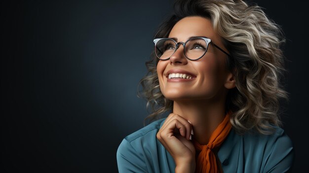 Une femme d'affaires souriante avec des lunettes et qui détourne le regard.