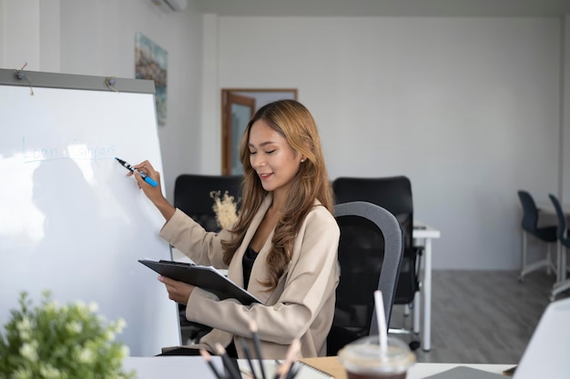 Femme d'affaires souriante avec un marqueur écrivant un plan d'affaires sur un tableau blanc.