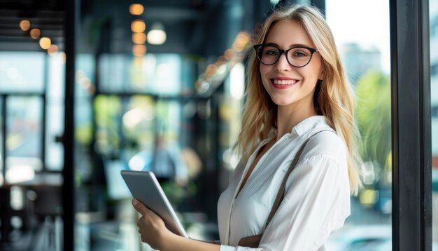 Une femme d'affaires souriante avec une tablette dans un bureau moderne