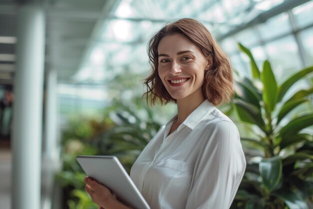 une femme d'affaires souriante tenant une tablette au bureau