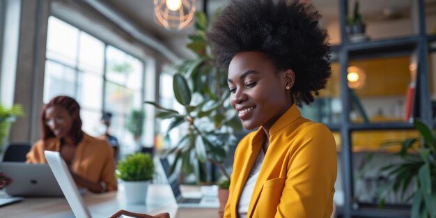 Une femme d'affaires souriante travaillant sur un ordinateur portable dans un bureau lumineux