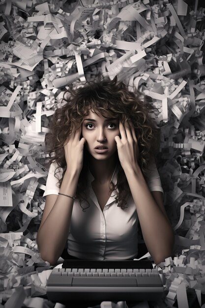 Photo une femme d'affaires stressée assise à son bureau entourée de papiers.