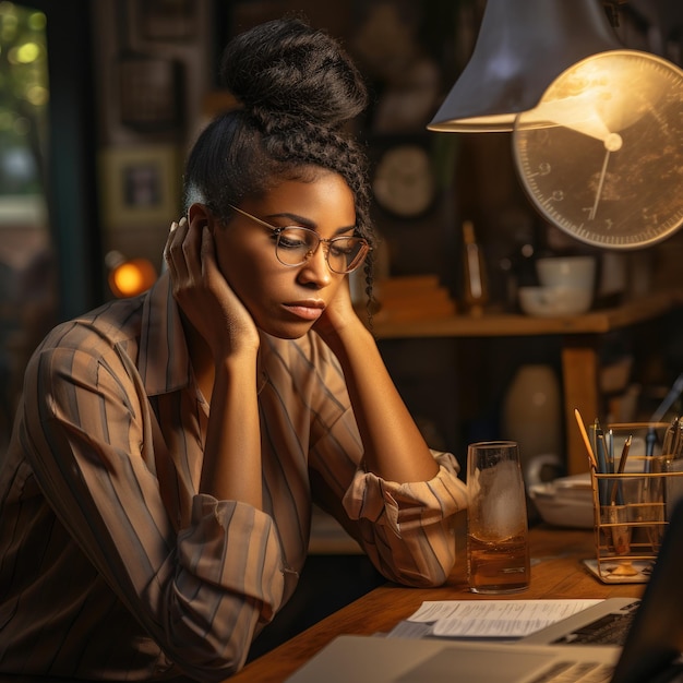 Femme d'affaires stressée travaillant au bureau malheureuse ou problématique concept IA générative