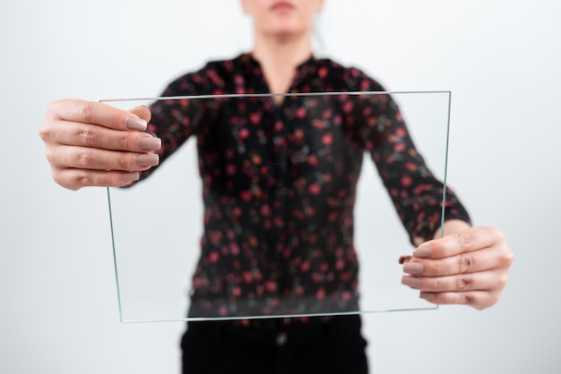 Photo femme d'affaires tenant un verre rectangulaire tout en affichant des données importantes