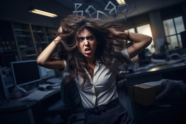Une femme d'affaires tirant ses cheveux avec colère au milieu de la nuit au bureau illustration générative ai