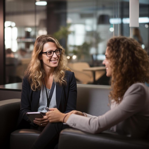 une femme d'affaires en train de discuter avec un collègue au bureau