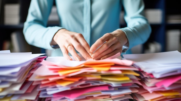 Une femme d'affaires travaillant dans des piles de fichiers de papier sur son bureau au bureau.