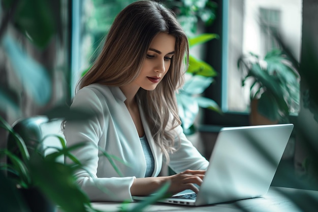 Photo femme d'affaires travaillant sur un ordinateur portable au bureau femme daffaires utilisant un ordinateur portatif surfer