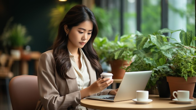 Femme d'affaires travaillant avec un ordinateur portable et cherchant des informations sur une tablette numérique