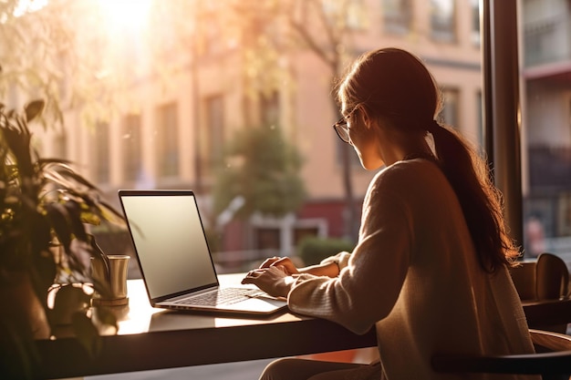 Femme d'affaires travaillant sur un ordinateur portable par temps ensoleillé à l'extérieur de la fenêtre avec l'IA générative