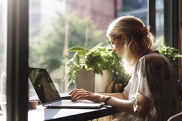 Femme d'affaires travaillant sur un ordinateur portable par temps ensoleillé à l'extérieur de la fenêtre avec l'IA générative