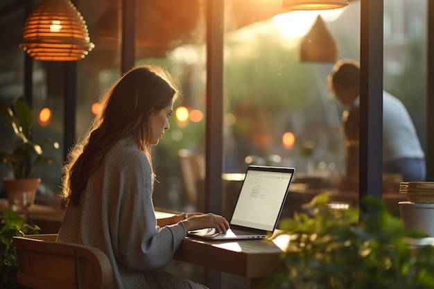 Femme d'affaires travaillant sur un ordinateur portable par temps ensoleillé à l'extérieur de la fenêtre avec l'IA générative