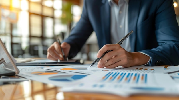 femme d'affaires travaillant sur un rapport financier et utilisant une calculatrice à son bureau