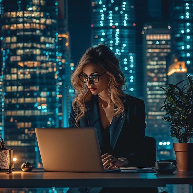 Une femme d'affaires travaillant tard dans la nuit dans son bureau.