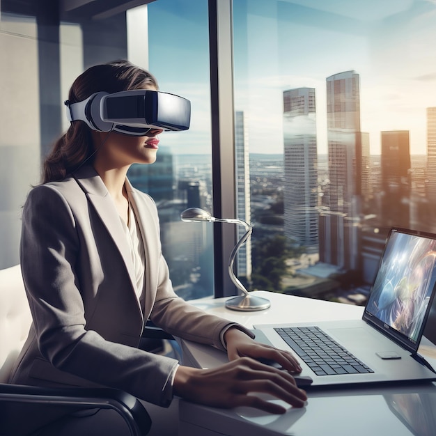 Femme d'affaires utilisant une femme de réalité virtuelle travaillant sur un ordinateur portable au bureau