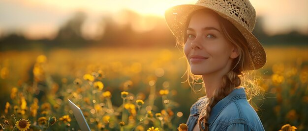 Une femme d'affaires utilise un ordinateur portable pour gérer une entreprise agricole dans un champ Concept Technologie agricole Innovation agricole Travail mobile Entrepreneur féminine Opérations sur le terrain