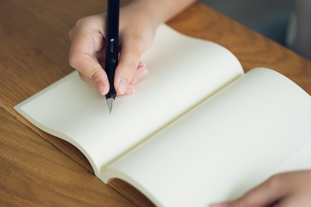 Femme d&#39;affaires, voyageur, auteur de l&#39;article Tenez le stylo pour écrire le texte dans le livre vide.